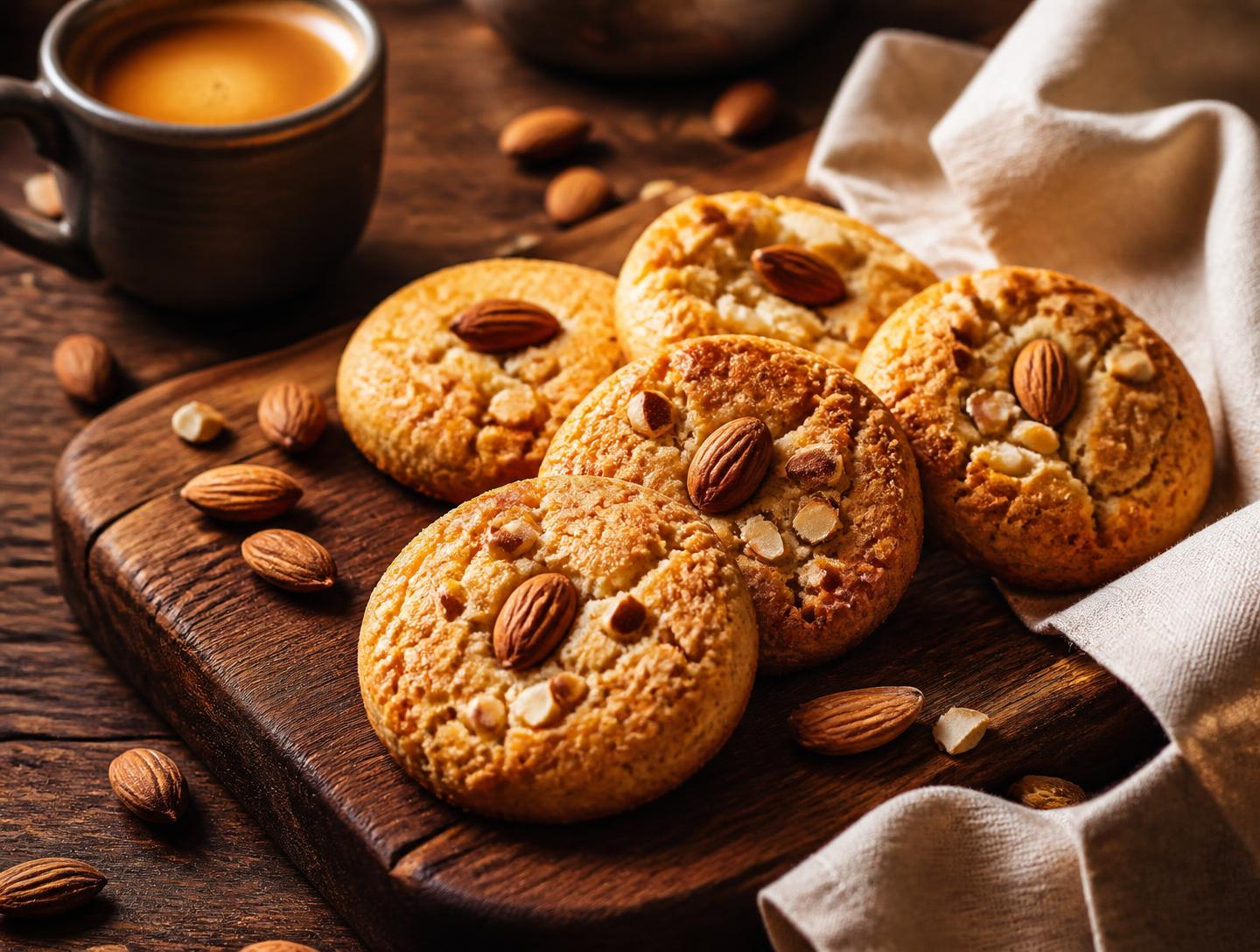 Golden almond cookies with whole almonds and monk fruit